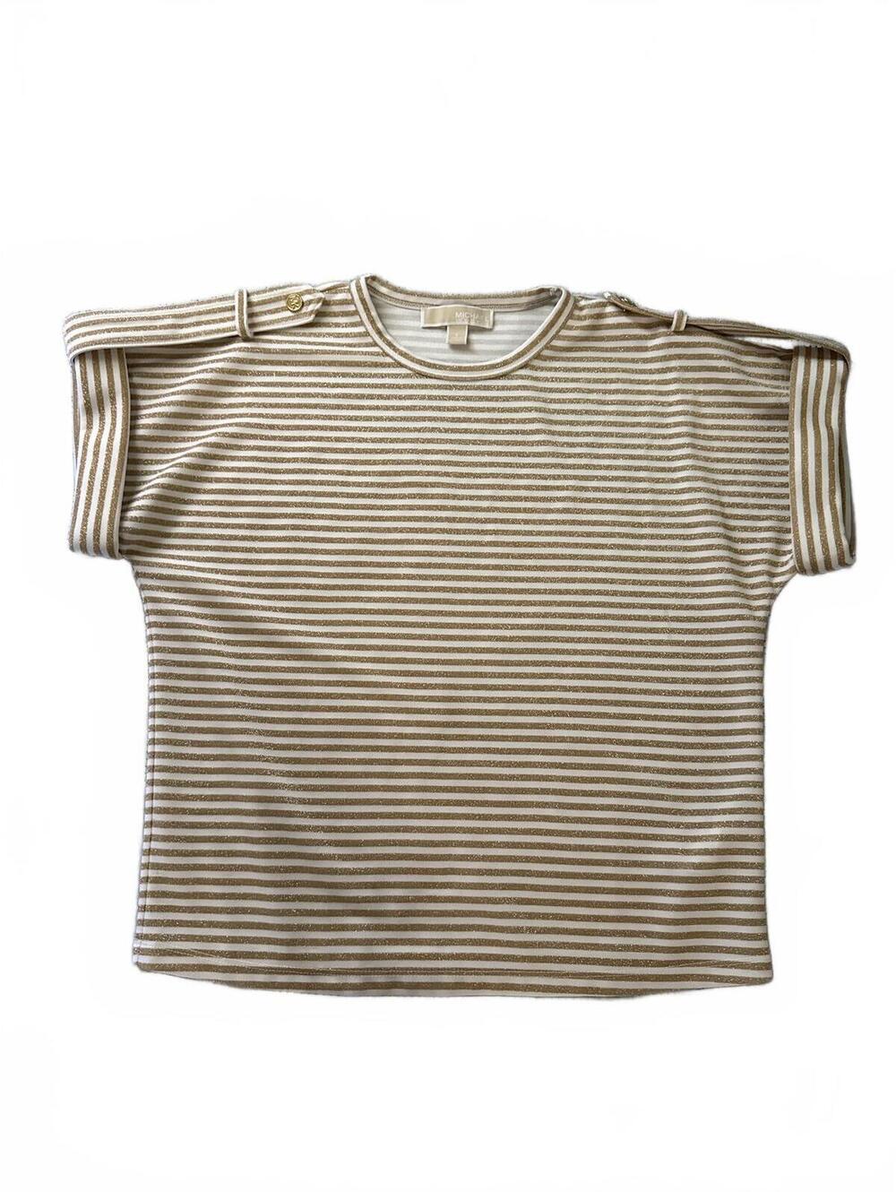 Michael Kors Cream & Gold Striped Short Sleeve Button Detail Tee EUC Small